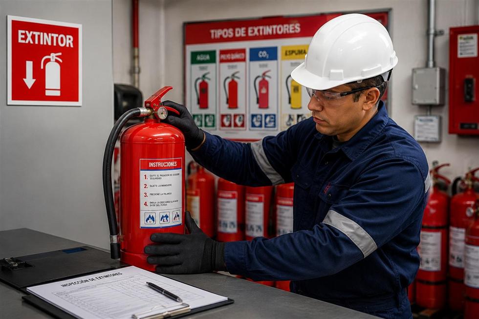 Técnico realizando mantenimiento y recarga de extintores